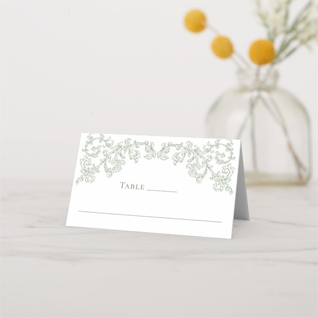 Victorian Ornate Grace Floral Sage Green Wedding Place Card (Front)