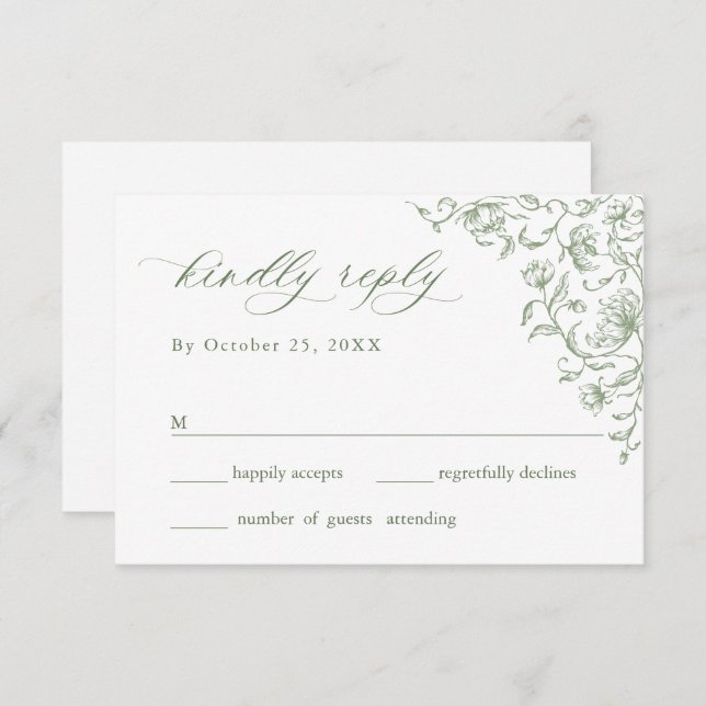 Victorian Ornate Grace Floral Sage Green Wedding RSVP Card (Front/Back)