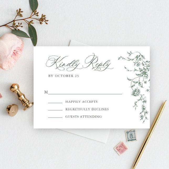Victorian Ornate Grace Floral Sage Green Wedding RSVP Card (Creator Uploaded)