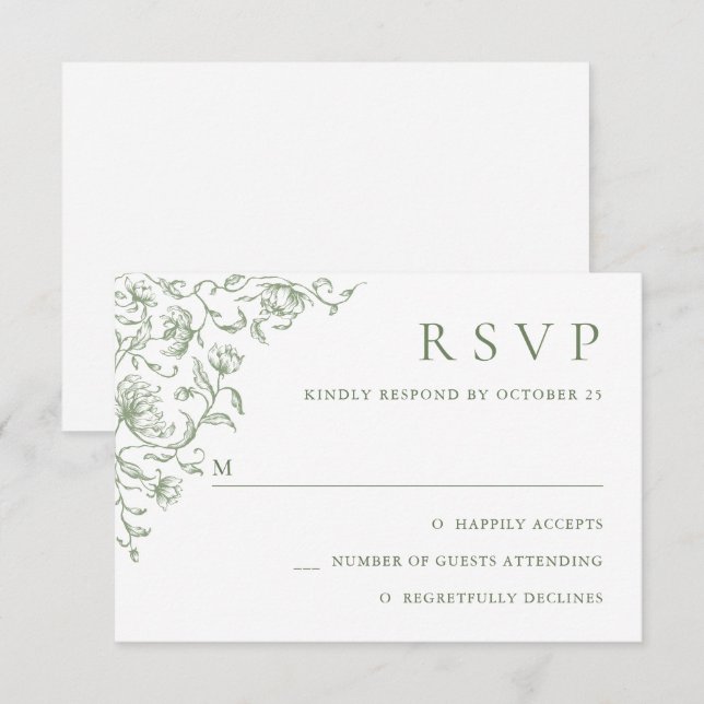 Victorian Ornate Grace Floral Sage Green Wedding RSVP Card (Front/Back)