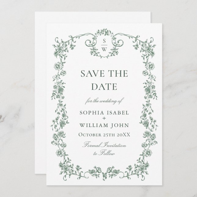 Victorian Ornate Grace Floral Sage Green Wedding Save The Date (Front/Back)