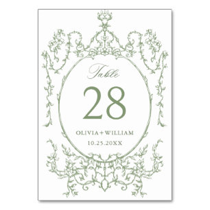 Victorian Ornate Grace Floral Sage Green Wedding Table Number