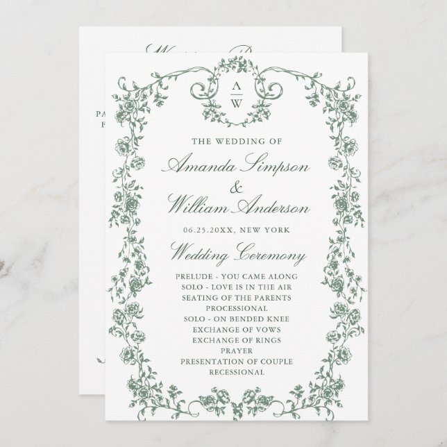 Victorian Ornate Grace Floral Wedding Ceremony Programme (Front/Back)