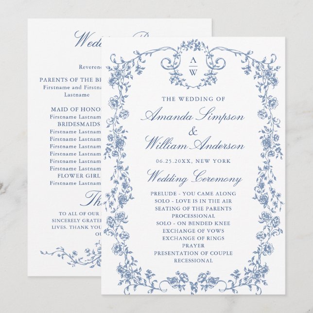 Victorian Ornate Grace Floral Wedding Ceremony Programme (Front/Back)