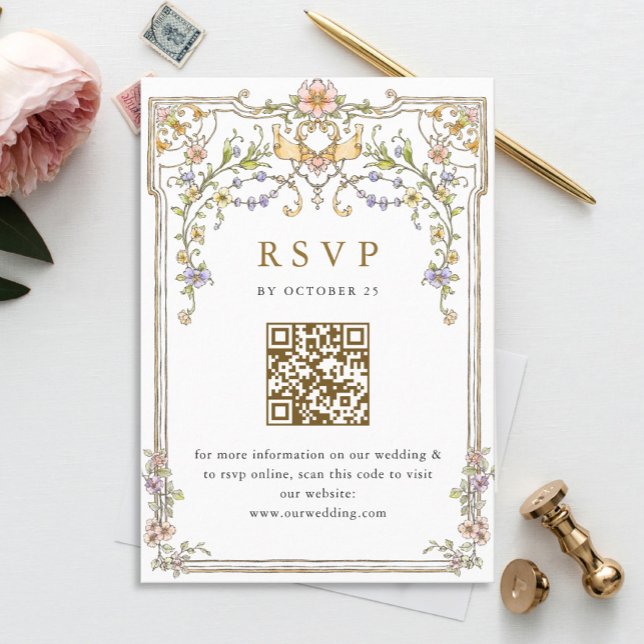 Victorian Ornate Grace Floral Wedding RSVP QR code Card (Creator Uploaded)