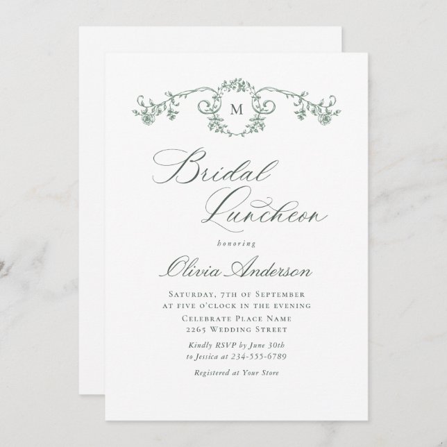 Victorian Ornate Grace Sage Green BRIDAL LUNCHEON Invitation (Front/Back)