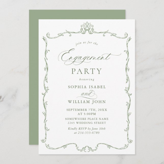 Victorian Ornate Grace Sage Green ENGAGEMENT PARTY Invitation (Front/Back)