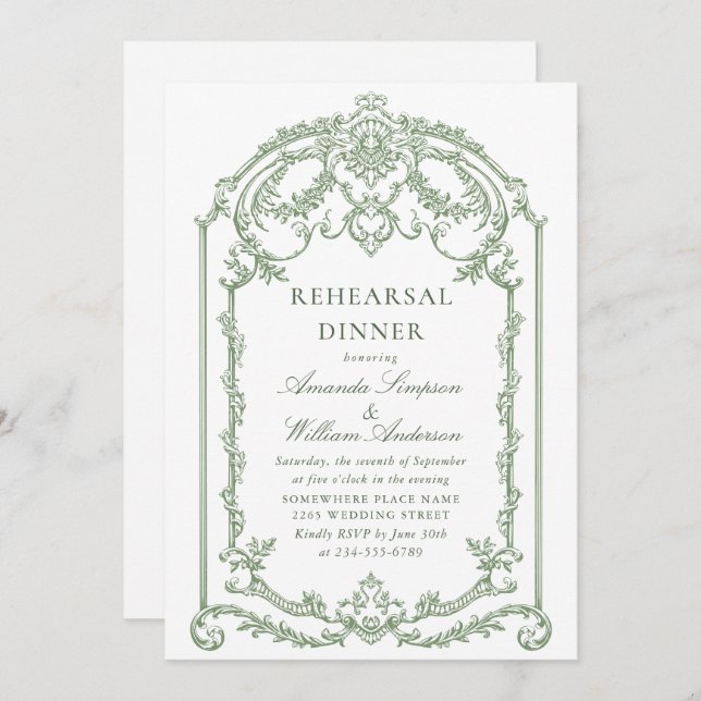 Victorian Ornate Grace Sage Green Rehearsal Dinner Invitation (Front/Back)