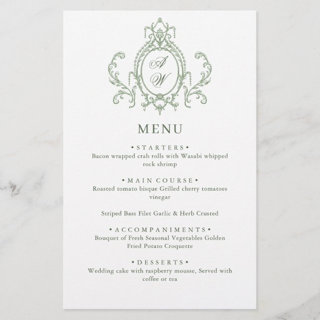 Victorian Ornate Grace Sage Green Wedding Menu (Front)