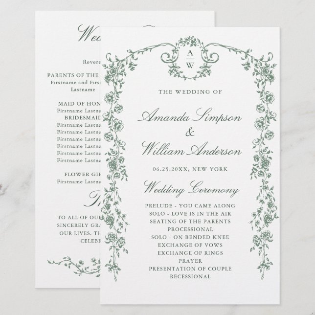 Victorian Ornate Grace Wedding Ceremony Program (Front/Back)