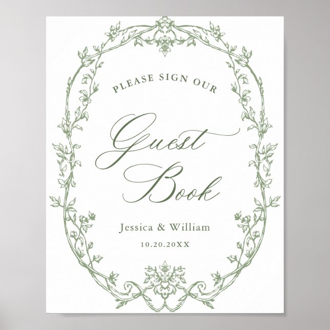 Victorian Ornate Sage Green Guestbook Wedding Sign (Front)