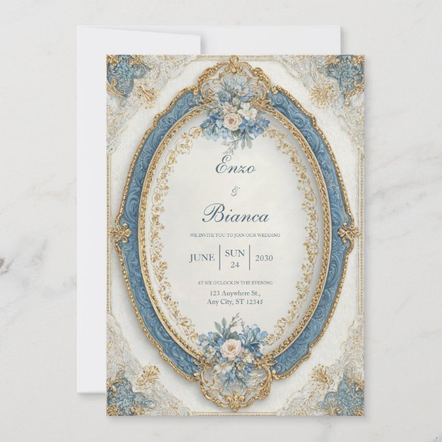 Victorian Oval Blue Floral Wedding  Invitation (Front)