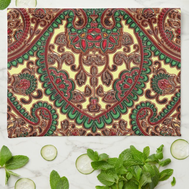 Victorian paisley floral jewel tone green red gold tea towel (Folded)