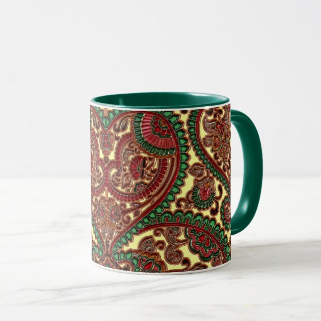 Victorian paisley pattern elegant red green gold mug (Front Right)