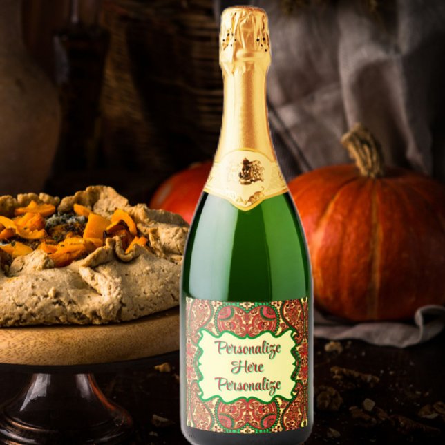 Victorian paisley pattern elegant red green gold sparkling wine label (Creator Uploaded)