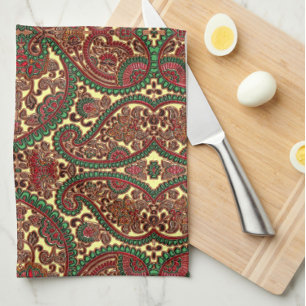 Victorian paisley pattern elegant red green gold tea towel