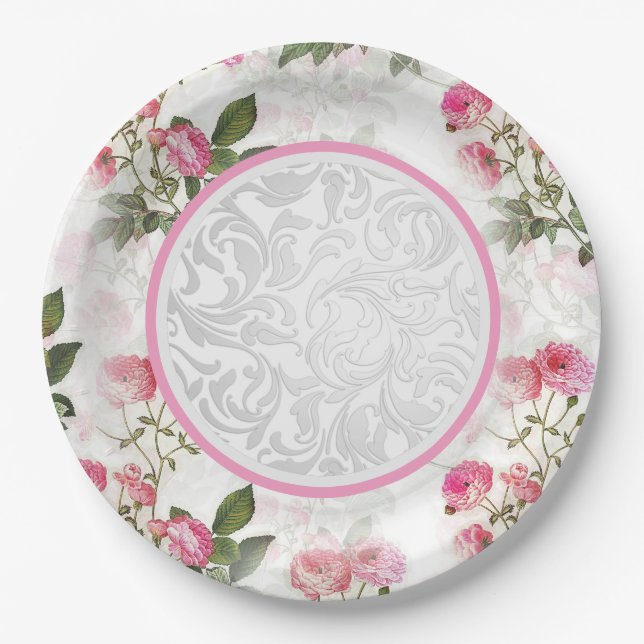 Victorian Party Tableware Pink Floral Paper Plate (Front)