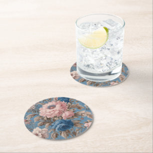 Victorian Pastel Blue And Pink Blossoms Round Paper Coaster