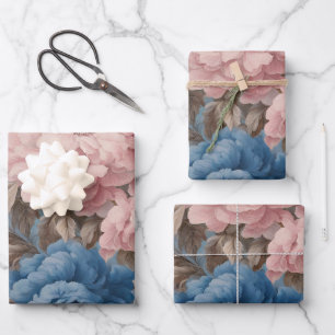 Victorian Pastel Blue And Pink Blossoms Wrapping Paper Sheet