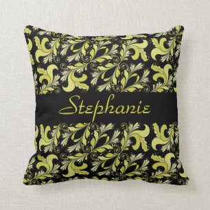 Victorian pattern, yellow, black, personalised cushion