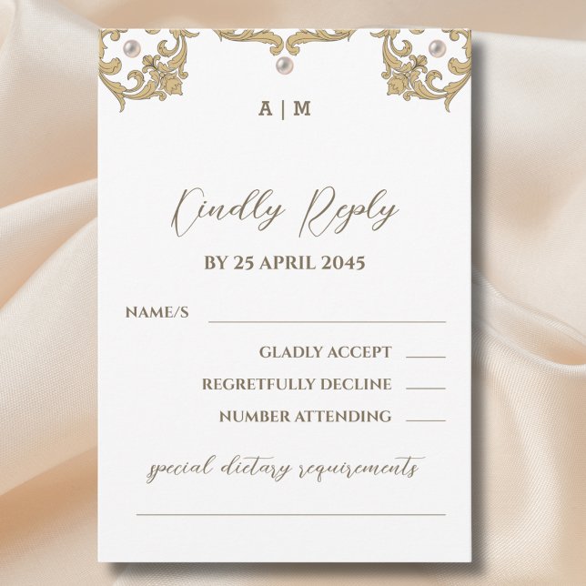 Victorian Pearl Monogram Wedding RSVP Card (Creator Uploaded)