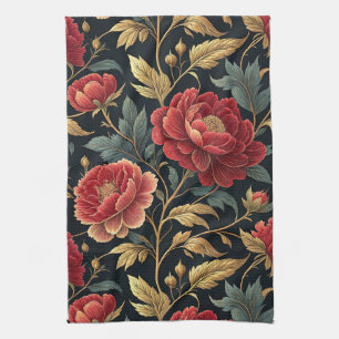 Victorian Peony Botanical Pattern Tea Towel