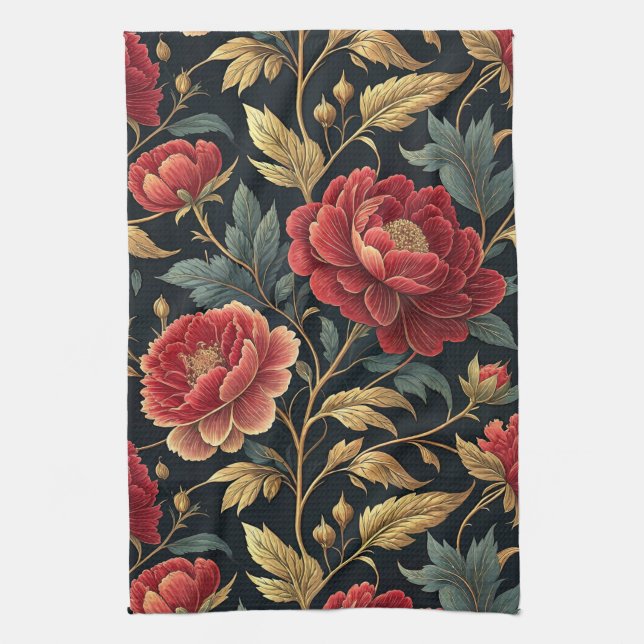 Victorian Peony Botanical Pattern Tea Towel (Vertical)