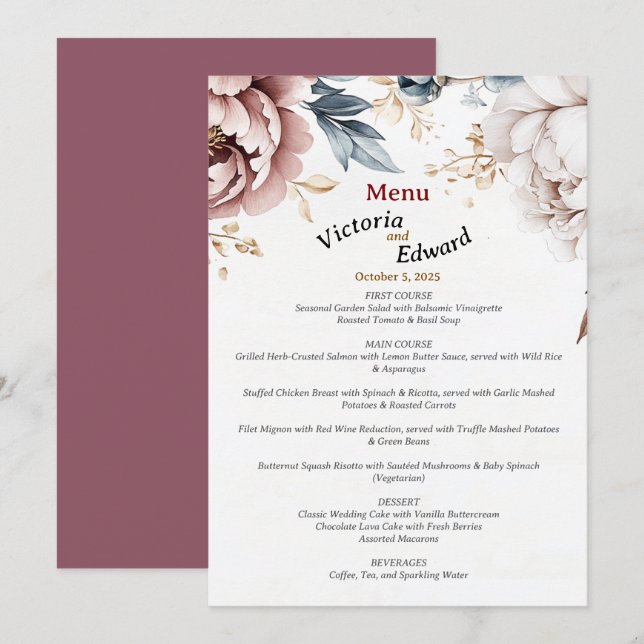 Victorian Peony Luxe Wedding Menu Card 5"x7" (Front/Back)