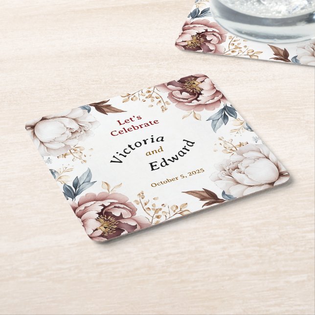 Victorian Peony Luxe Wedding Paper Coasters (Angled)