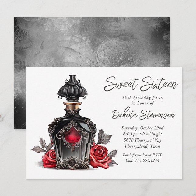 Victorian Perfume Bottle and Roses | Sweet Sixteen Invitation (Front/Back)