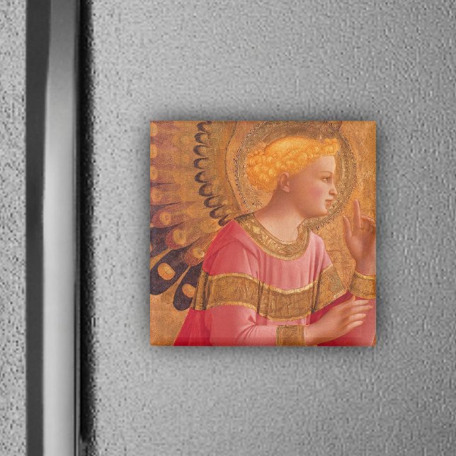 Victorian Pink Angel Magnet (Christian angel figure pink dress golden halo on frig magnet.)