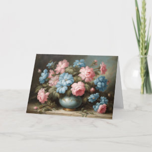 Victorian Pink, Blue Flowers in Vase Still Life  Card