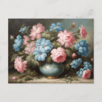 Victorian Pink, Blue Flowers in Vase Still Life 