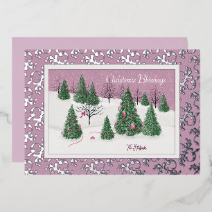 Victorian Pink Enchanted Forest Foil Holiday Card