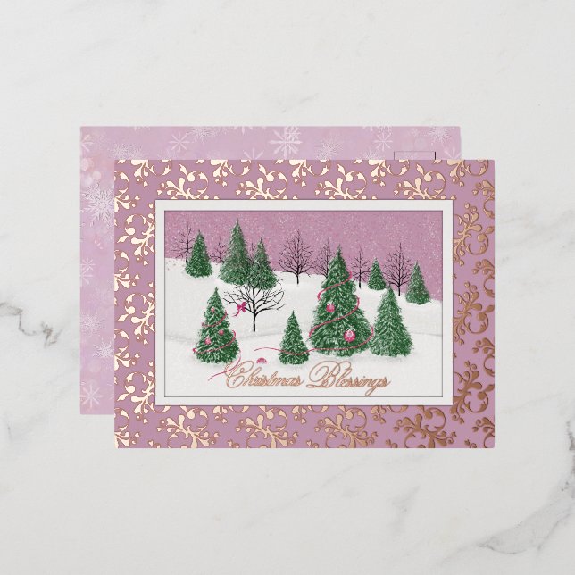 Victorian Pink Forest Foil Holiday Post Card (Front/Back)