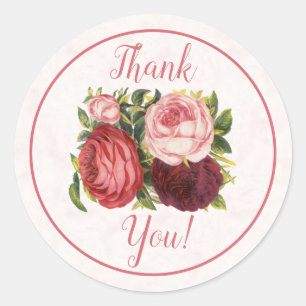 Victorian Pink Red Burgandy Cabbage Rose Thank You Classic Round Sticker