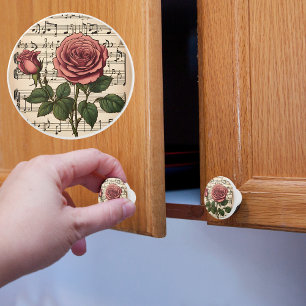 Victorian Pink Rose On Sheet Music Ceramic Knob