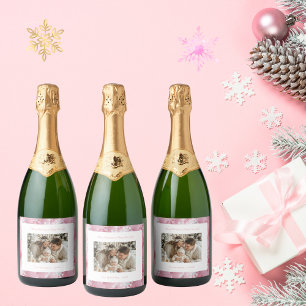 Victorian Pink Snowflake Christmas Photo Sparkling Wine Label
