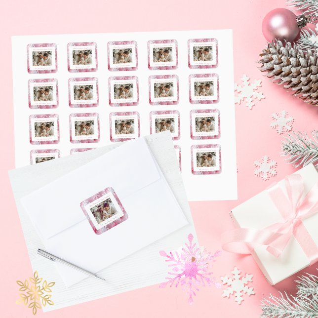 Victorian Pink Snowflake Christmas Photo Square Sticker (Pinks Snowflake Christmas Square Stickers)