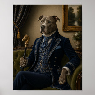Victorian Pit Bull Gentleman Portrait Print, Blue  Poster