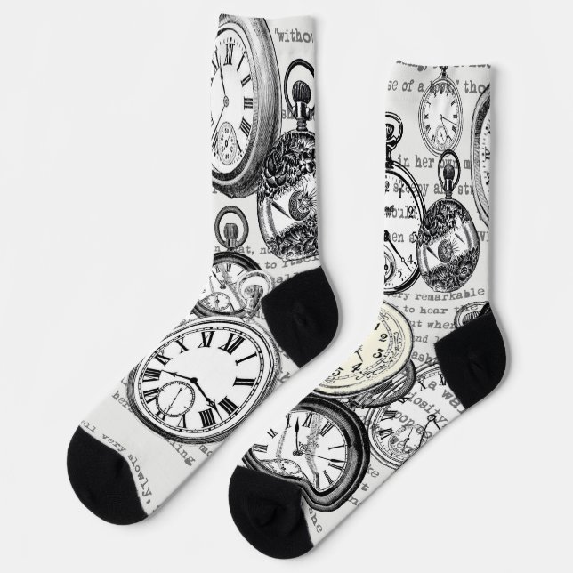 Victorian Pocket Watch Collage Alice in Wonderland Socks (Left)