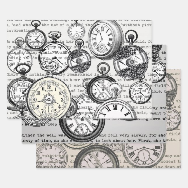 Victorian Pocket Watch Collage Alice in Wonderland Wrapping Paper Sheet (Set)