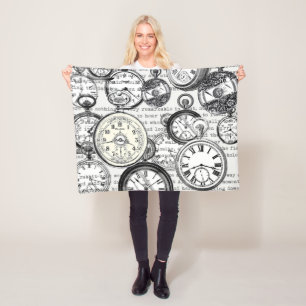 Victorian Pocket Watch Collage Alice Wonderland Fleece Blanket