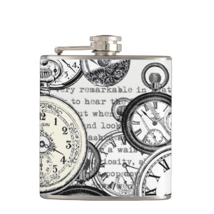 Victorian Pocket Watch Collage Alice Wonderland Hip Flask
