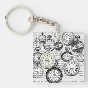 Victorian Pocket Watch Collage Alice Wonderland Key Ring