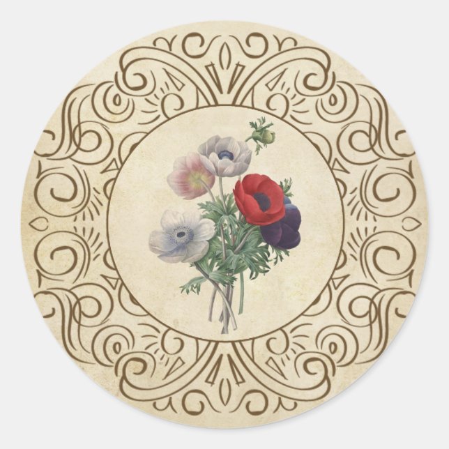 Victorian Poppies Floral Scrapbook Embellishment Classic Round Sticker (Front)