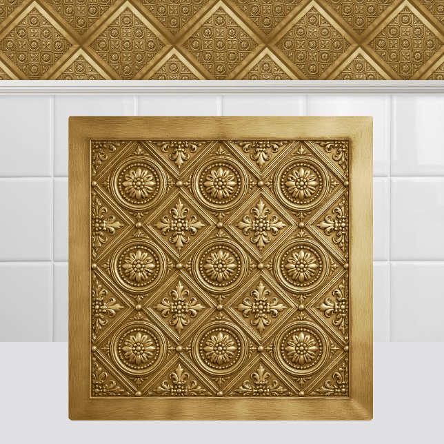 Victorian Pressed Gold Rosette Metal Ceiling Tile (Antique Victorian Pressed Gold Rosette Metal Ceiling Ceramic Tile)