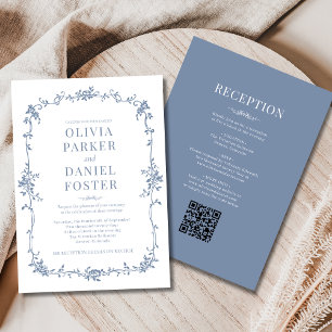 Victorian QR Code All in One Dusty Blue Wedding Invitation