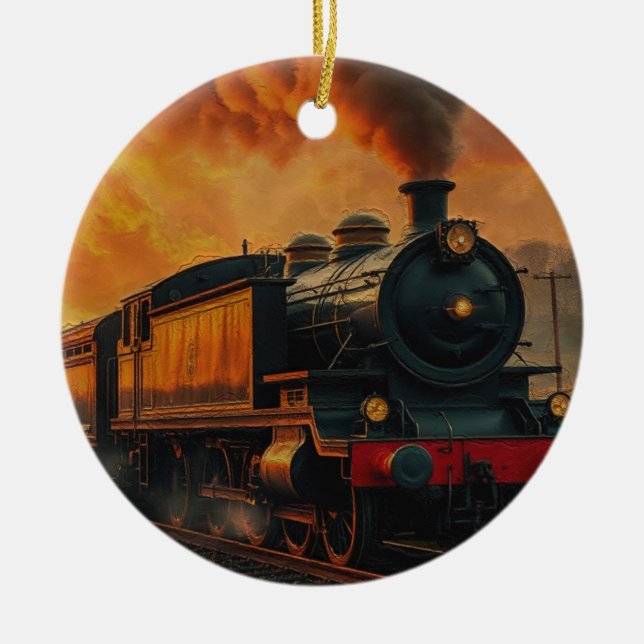 Victorian Rail Travel - Steampunk Steam Train Ceramic Tree Decoration (Front)