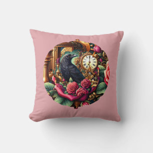 Victorian Raven with Vintage Flowers and Clockwork Cushion